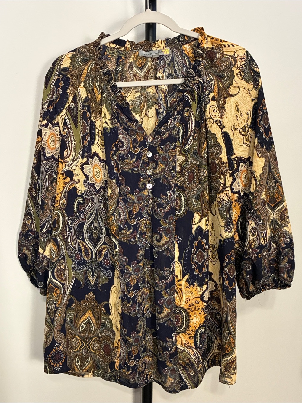 Figueroa & Flower Paisley Peasant Blouse - Navy Gold Cream Green Brown Plus 1X